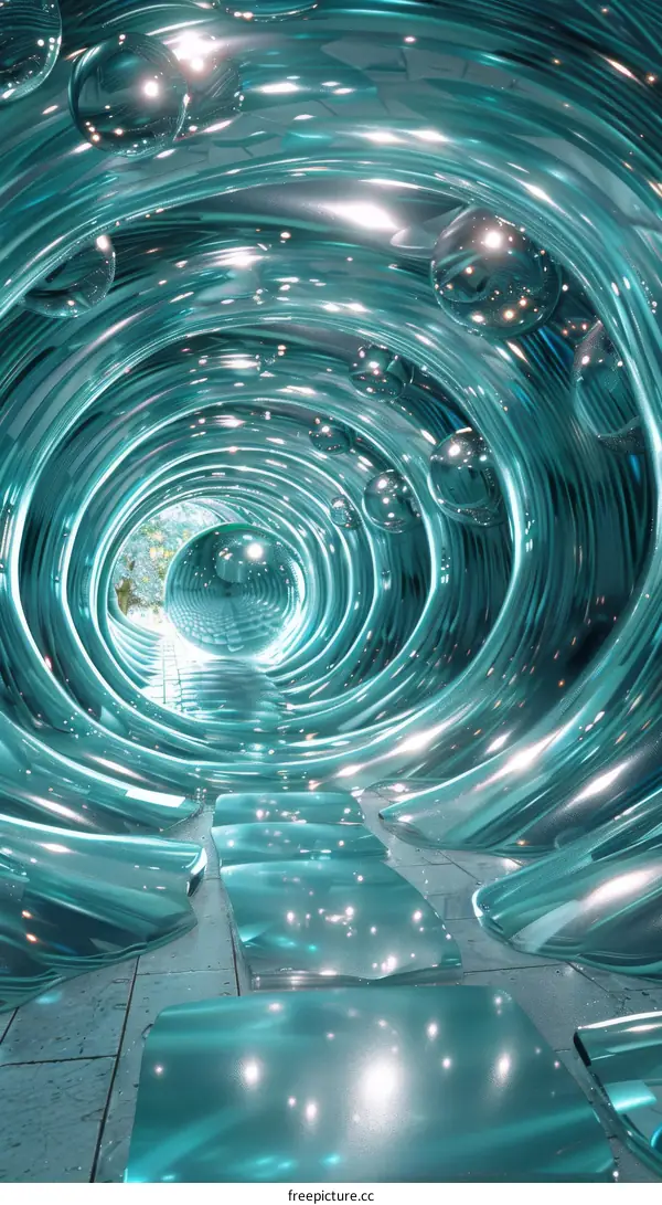 Blue and green tunnel with glowing white spheres