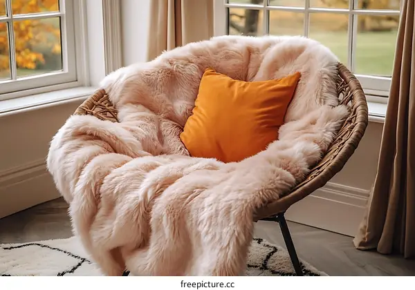 Cozy Faux Fur Throw Over Round Wicker Chair