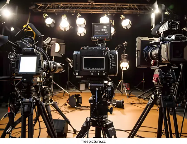 Film Studio Setup With Three Cameras On Tripods