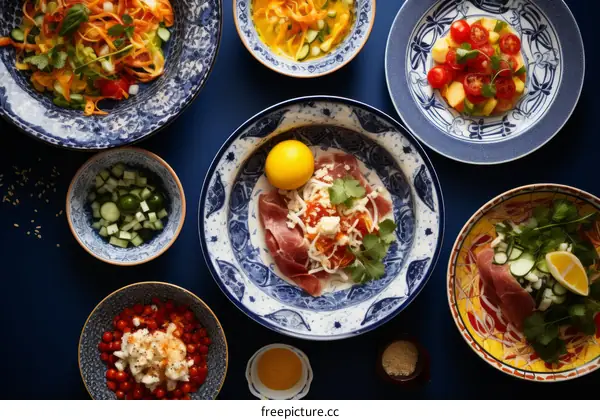 Top view of delicious dishes on blue table