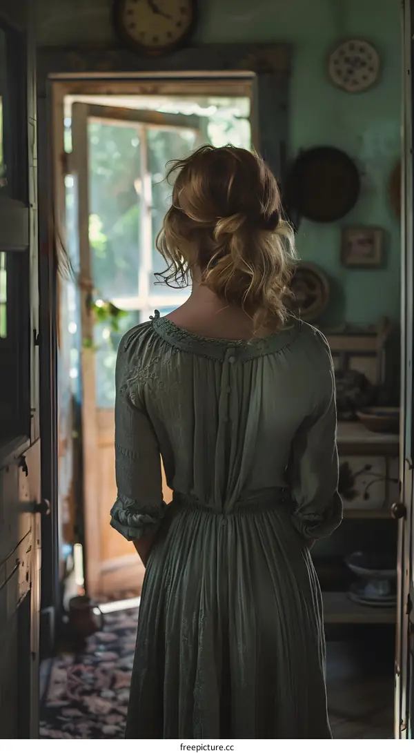 Woman standing with her back turned in a room