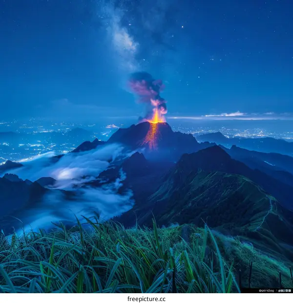 Night sky view of a volcano erupting with stars in the background