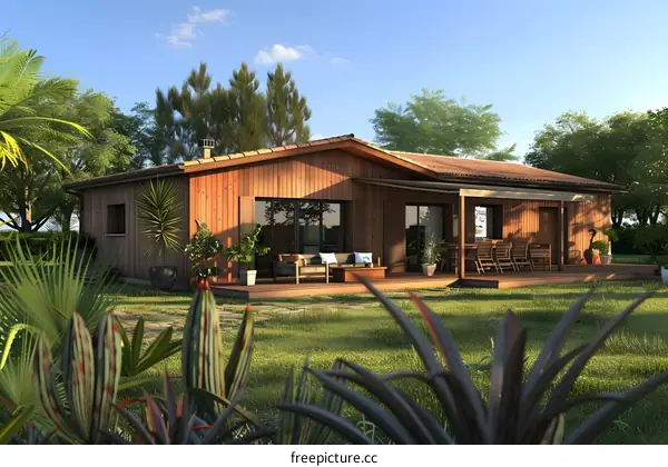 Modern Wooden House with Tropical Landscape Design