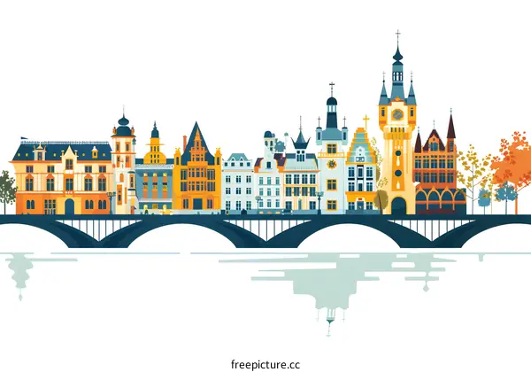 Colorful Illustration of European Cityscape with Bridge and River Reflection