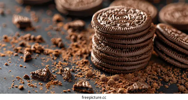 Chocolate Cookies Stacked with Crumbs
