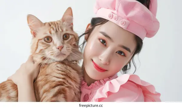 Woman Holding a Ginger Cat in Pink Outfit
