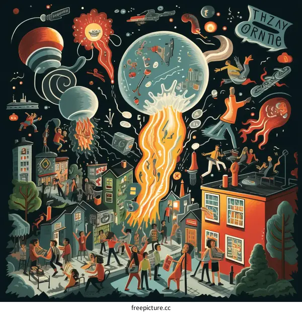 Urban Fantasy Scene with People and Jellyfish Aliens