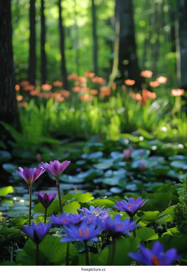 A pond of purple and orange water lilies in a forest