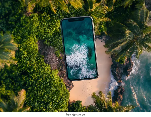 Smartphone with Beach Scene on the Screen Against a Tropical Background