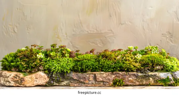 Green Moss and Succulents on a Stone