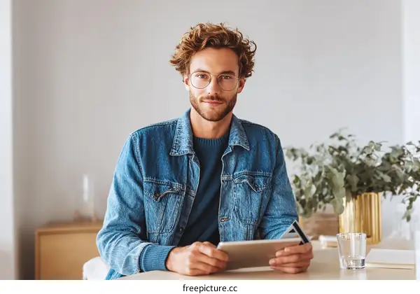 Casual Man Using Digital Tablet in a Modern Room