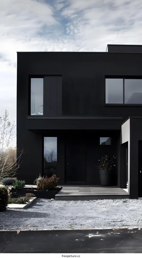 Black Modern House Exterior with Gravel Driveway and Plants