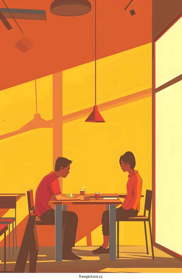 Couple Sitting at Table in Cafe with Yellow Walls and Sunlight