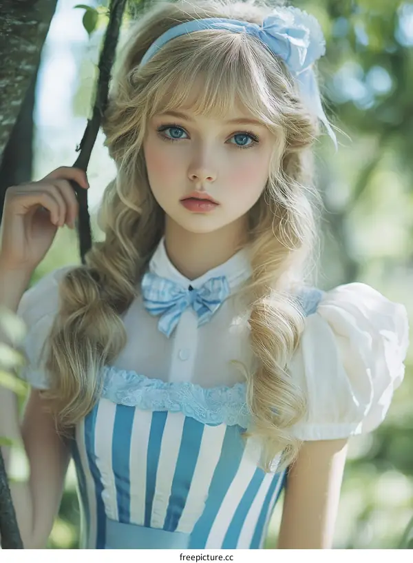 Beautiful Girl in a Vintage Blue and White Striped Dress