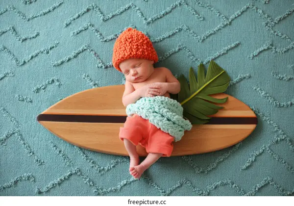Newborn baby wearing orange hat and colorful blanket on wooden surfboard