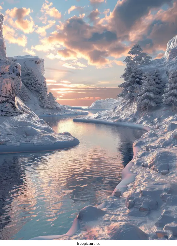 Sunset over a Frozen River in the Mountains