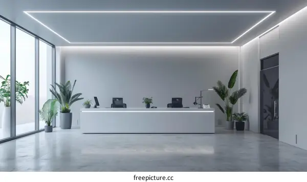 Modern office lobby interior with reception desk and plants