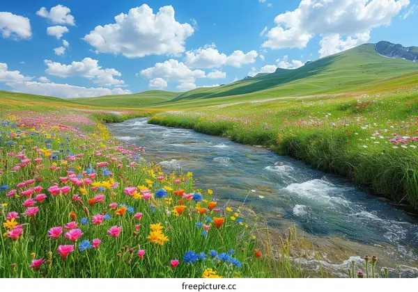Small river flowing through a lush green valley with colorful flowers