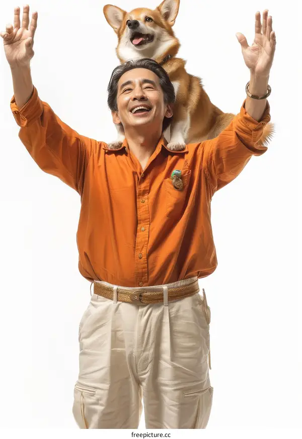Asian man with a dog on his shoulder