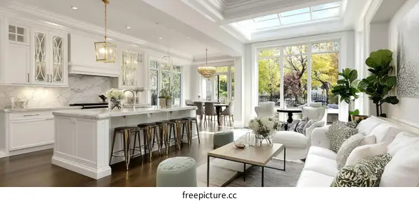 Spacious White Kitchen and Living Area with City View