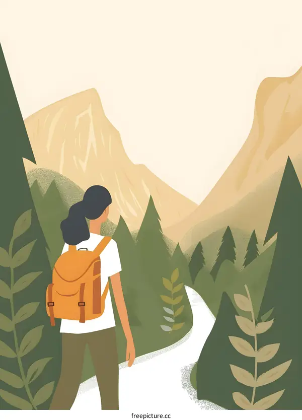 Woman Hiking in Mountains Illustration