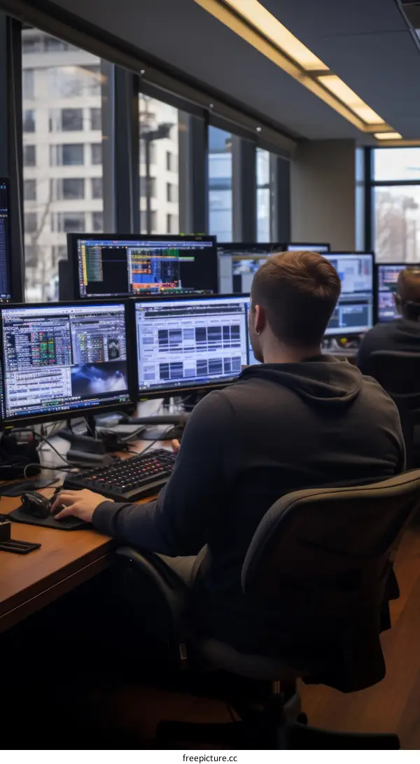 Male stock trader working at his desk