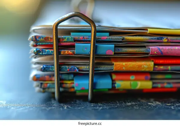 A close-up image of a stack of colorful notebooks and a metal binder clip
