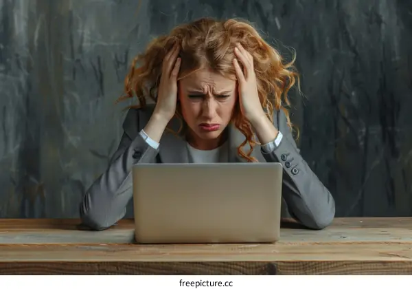 Frustrated businesswoman sitting at her desk looking at laptop.