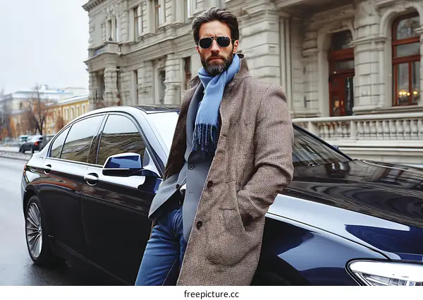 Stylish Man Beside Luxury Car in City