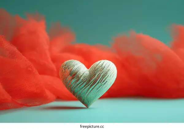 Abstract heart shape illustration on a teal background with red fabric