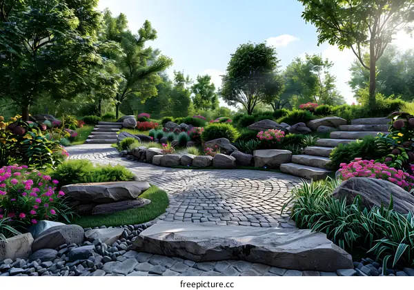 A winding stone path through a lush garden