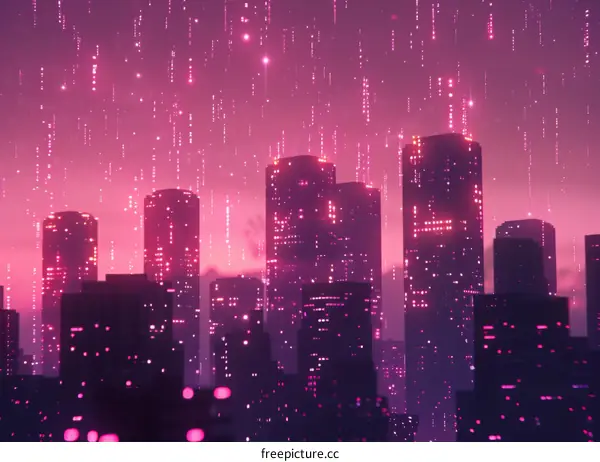 A digital painting of a cyberpunk city at night with pink rain