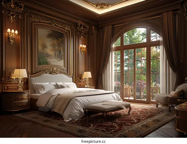 Ornate and spacious bedroom with a large window