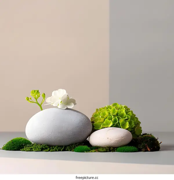Minimalist Zen Still Life with Stones, Moss and Flowers