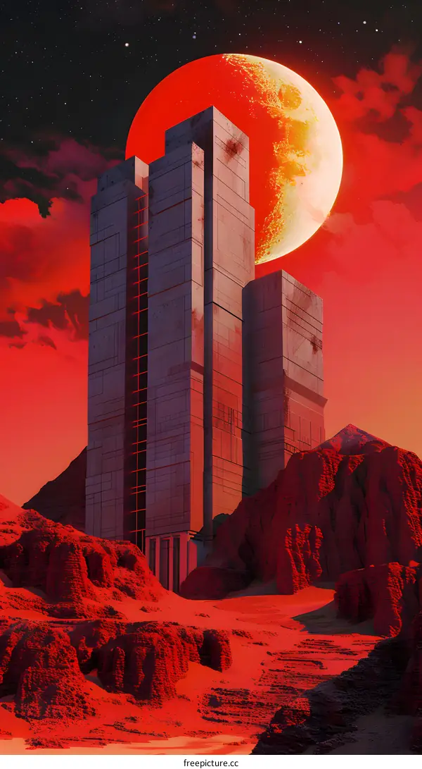 Red Moon Sci Fi Landscape With Buildings