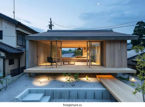 Modern Japanese House with Wooden Deck and Gravel Yard