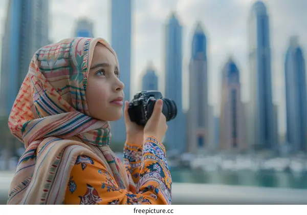 Young girl in hijab taking photo of cityscape