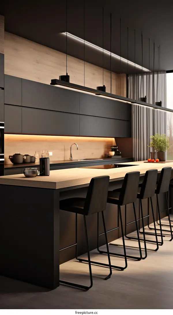 Modern Black Kitchen with Wood Accents and Large Island