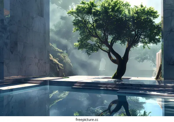 Peaceful Courtyard with Tree and Reflection Pool