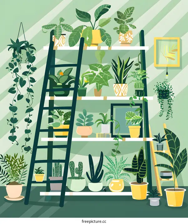 Green Plants on White Shelves with Ladder