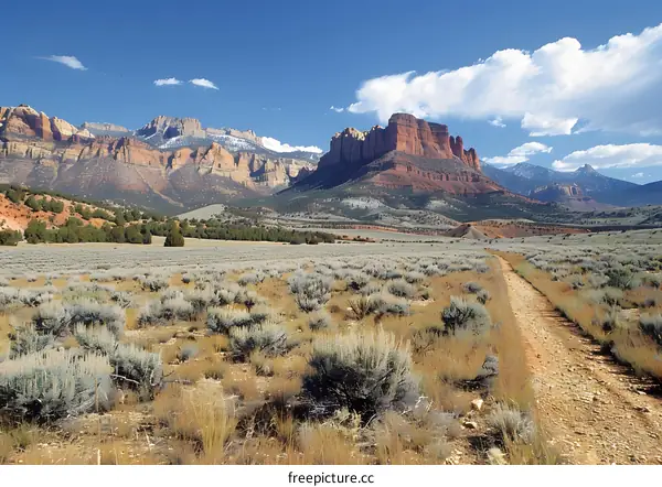 Desert Landscape with Mountains and Dirt Road