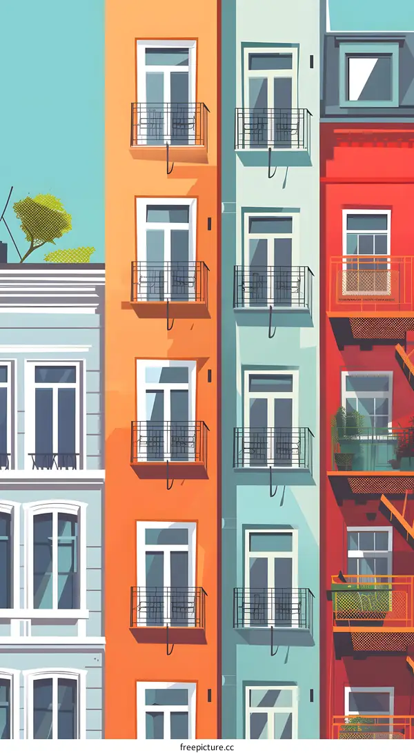 Colorful Illustration of Building Facades with Balconies and Windows