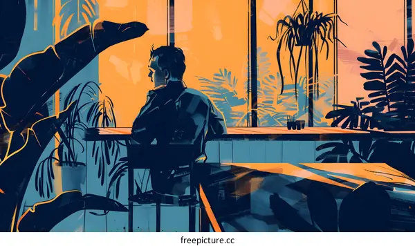 Man Sitting by Window with Plants