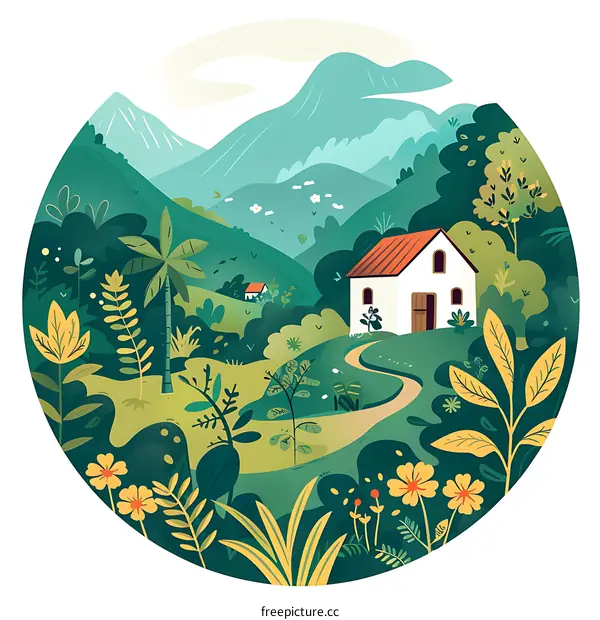 Mountain Landscape with a Farmhouse and Green Lush Foliage