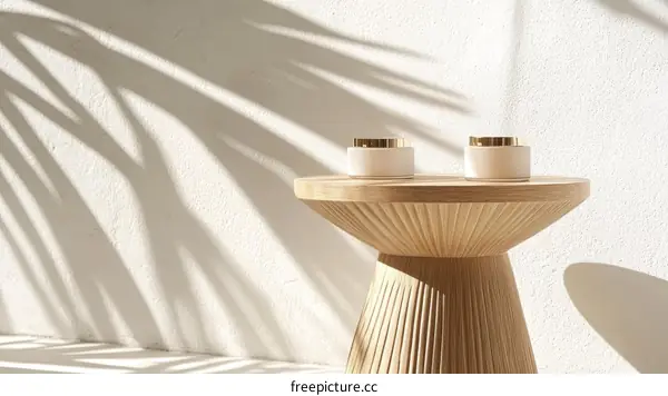 Wooden Side Table with Cream Containers Under Palm Leaf Shadows