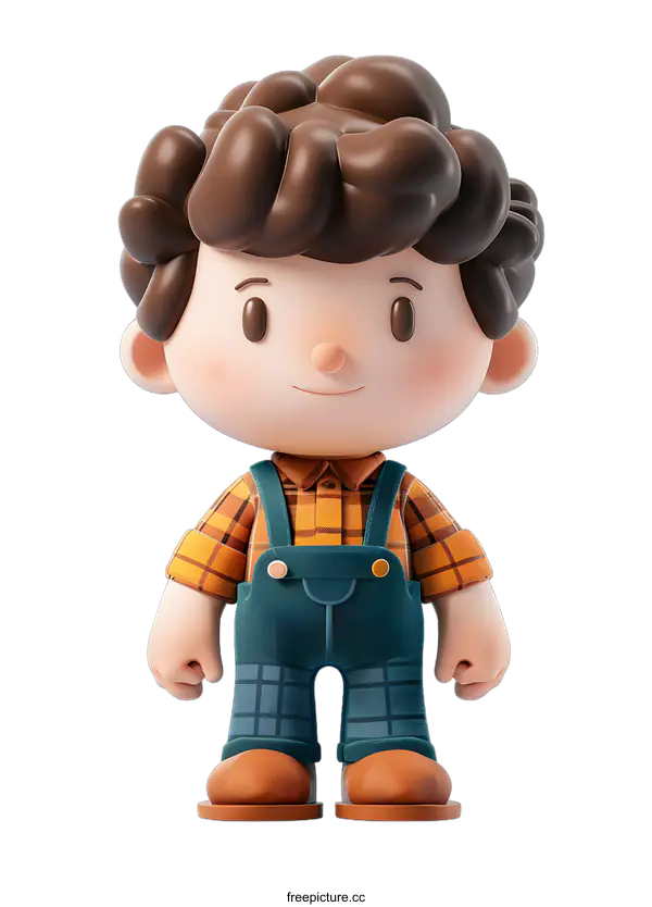 [Transparent Background PNG]Cute Cartoon Boy in Plaid Shirt and Overalls