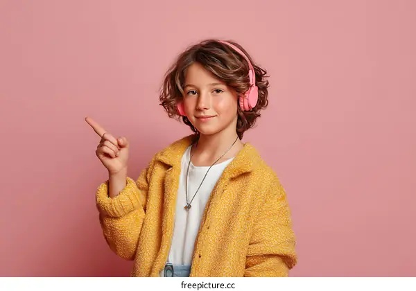 Girl with Pink Headphones Pointing