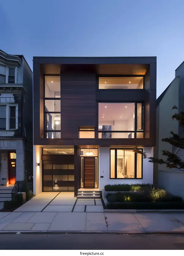 Modern House with Wooden Facade and Large Windows