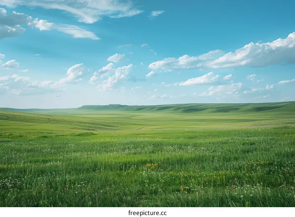 Vast Green Grassland Under Blue Sky