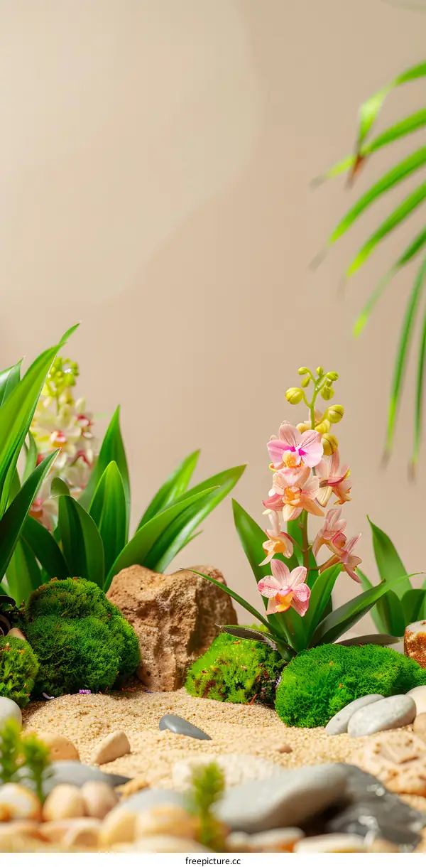 Pink Orchid Flowers with Green Leaves on Sand Background